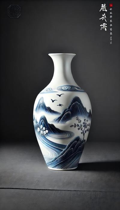 山水清韵青花瓷瓶